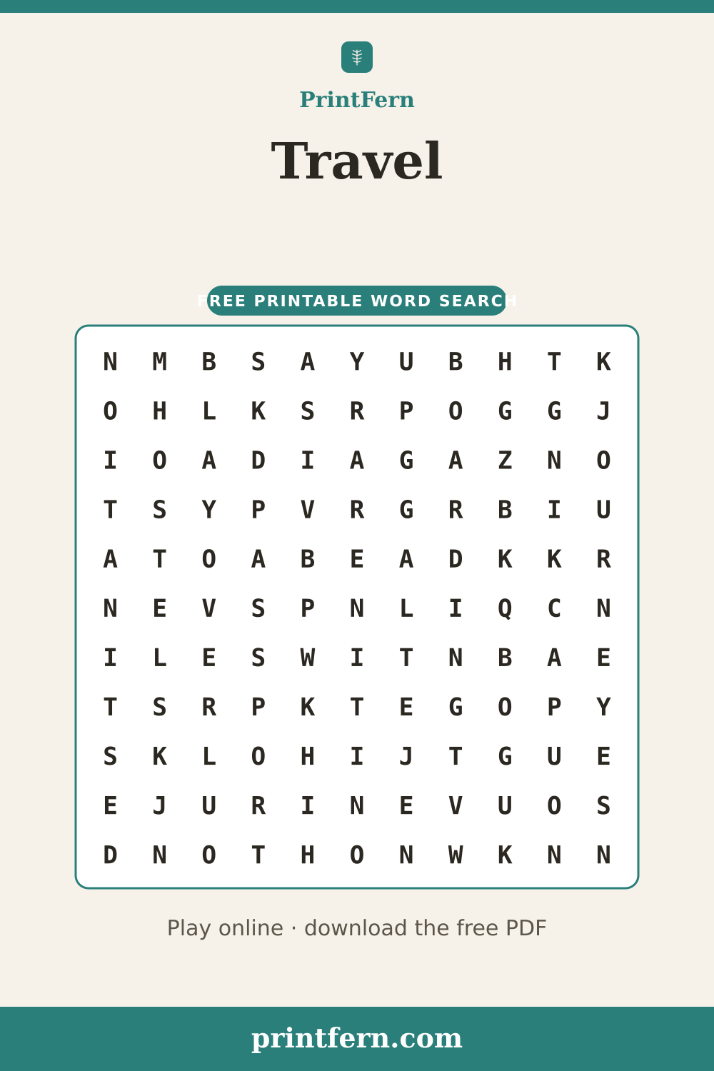 Travel Word Search, free printable PDF preview