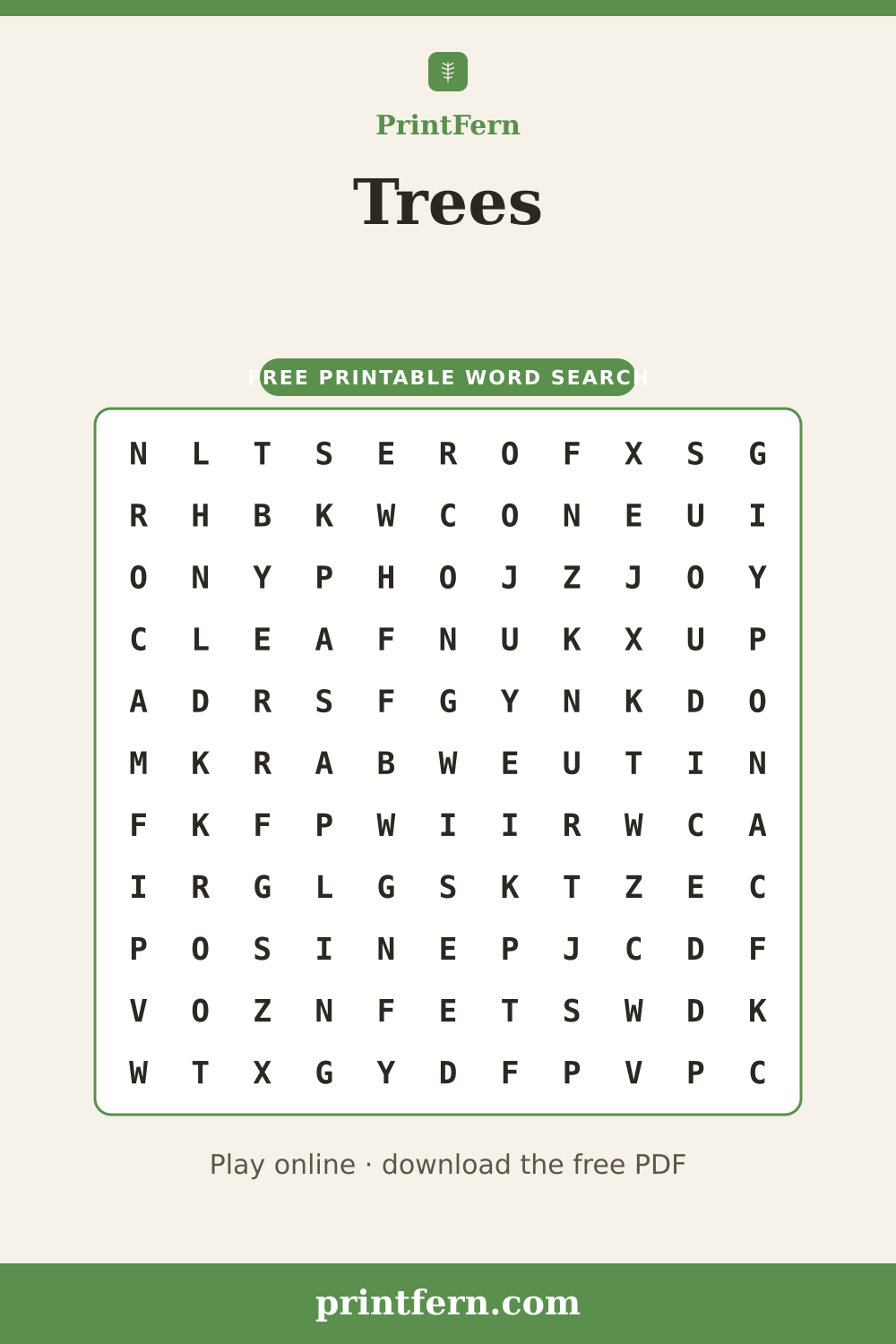 Trees Word Search, free printable PDF preview