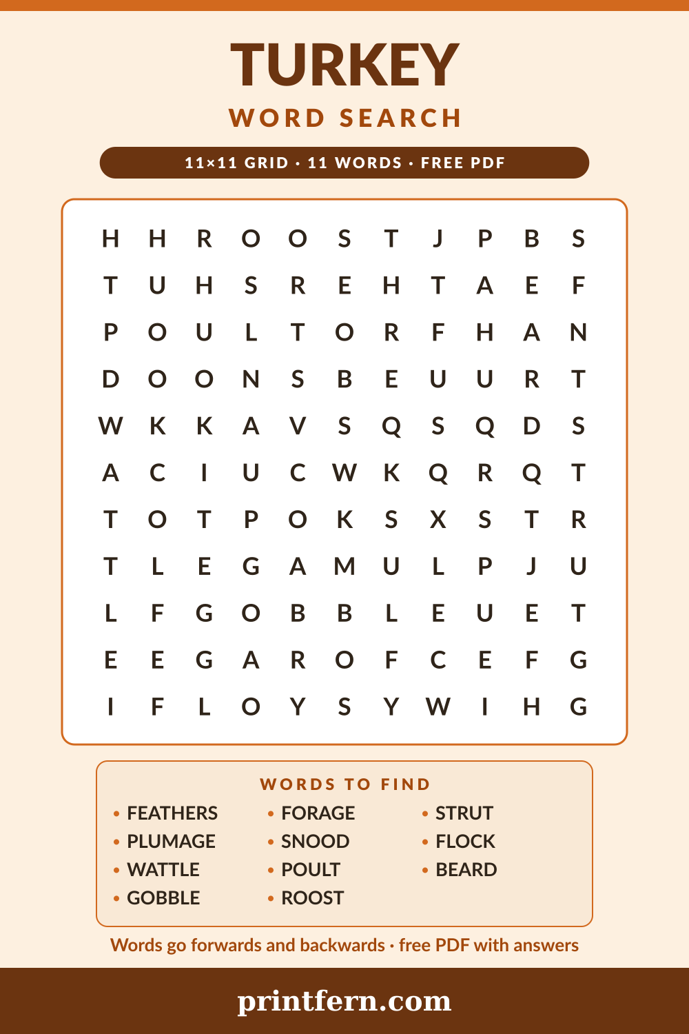 Turkey Word Search, free printable PDF preview