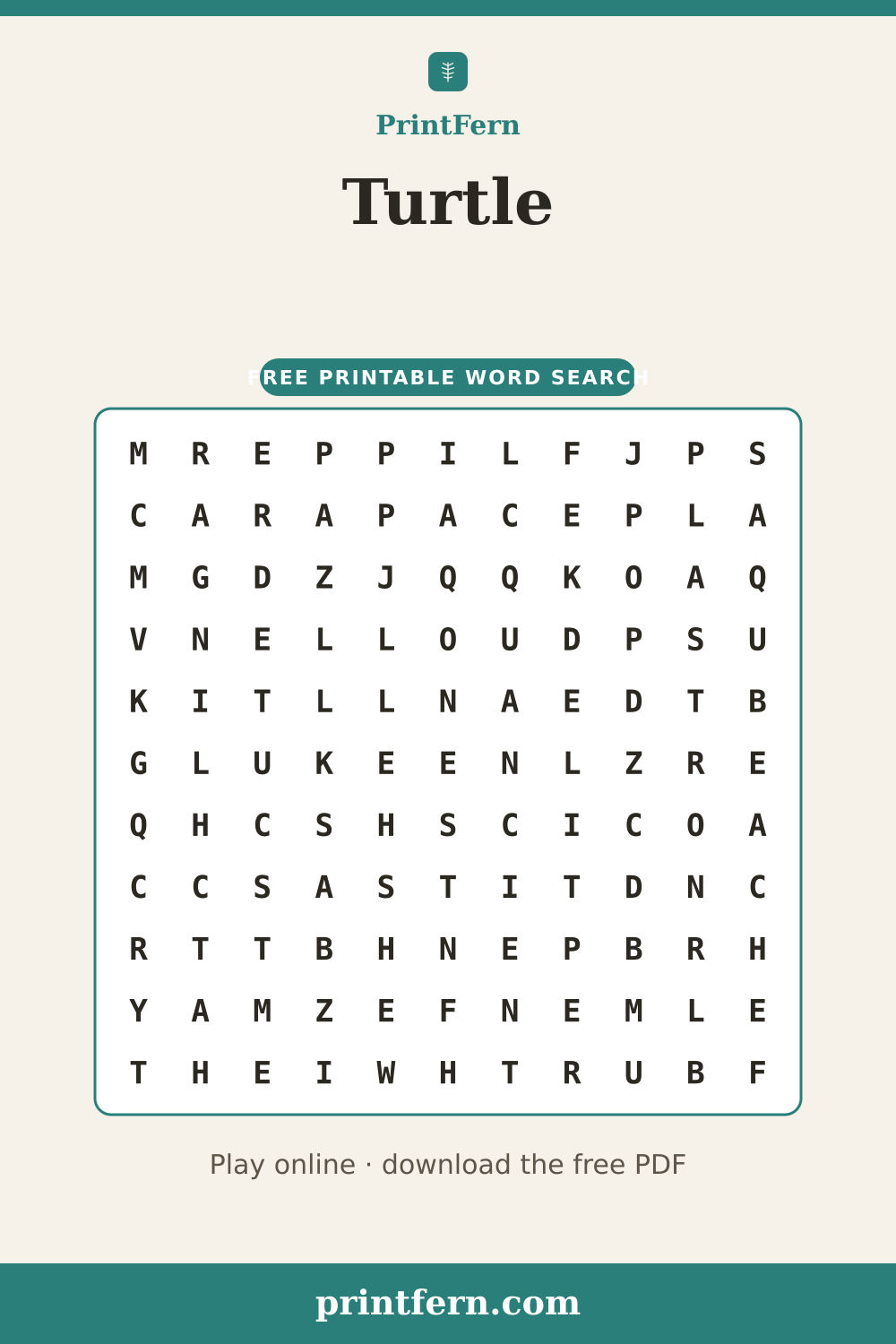 Turtle Word Search, free printable PDF preview