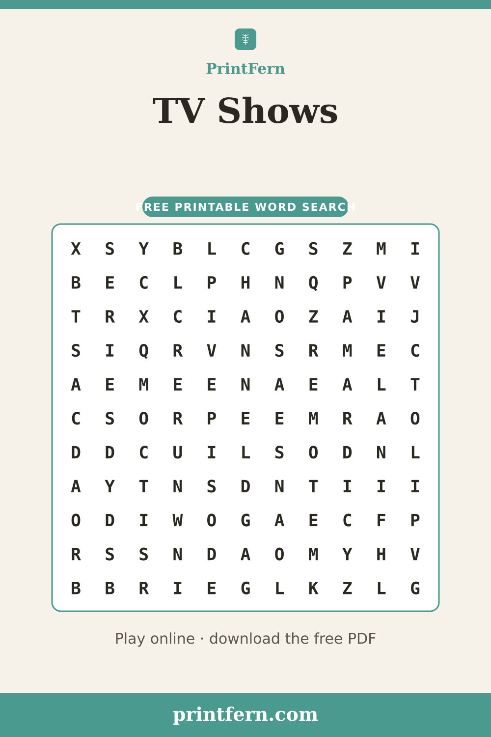 TV Shows Word Search, free printable PDF preview