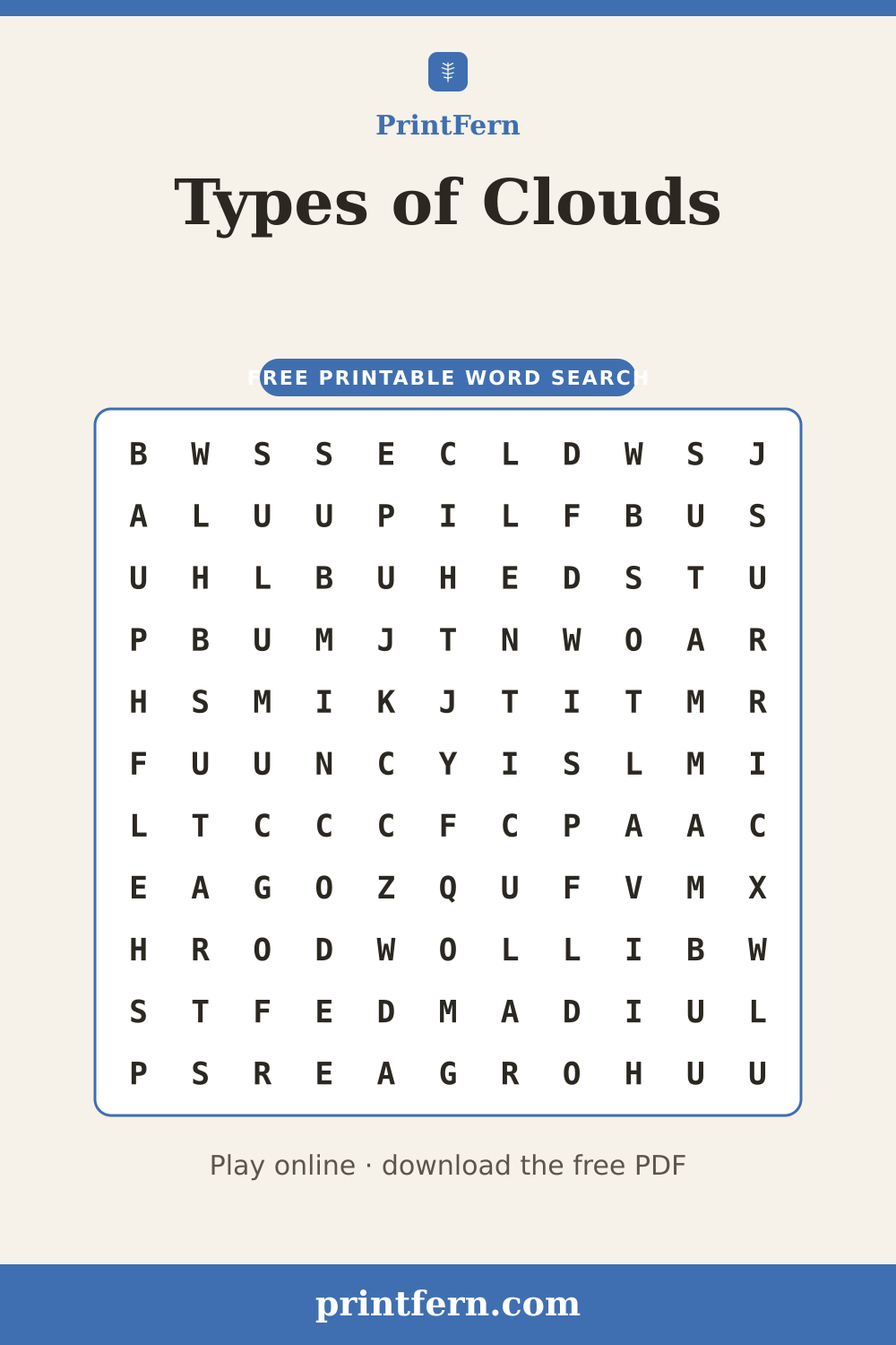 Types of Clouds Word Search, free printable PDF preview