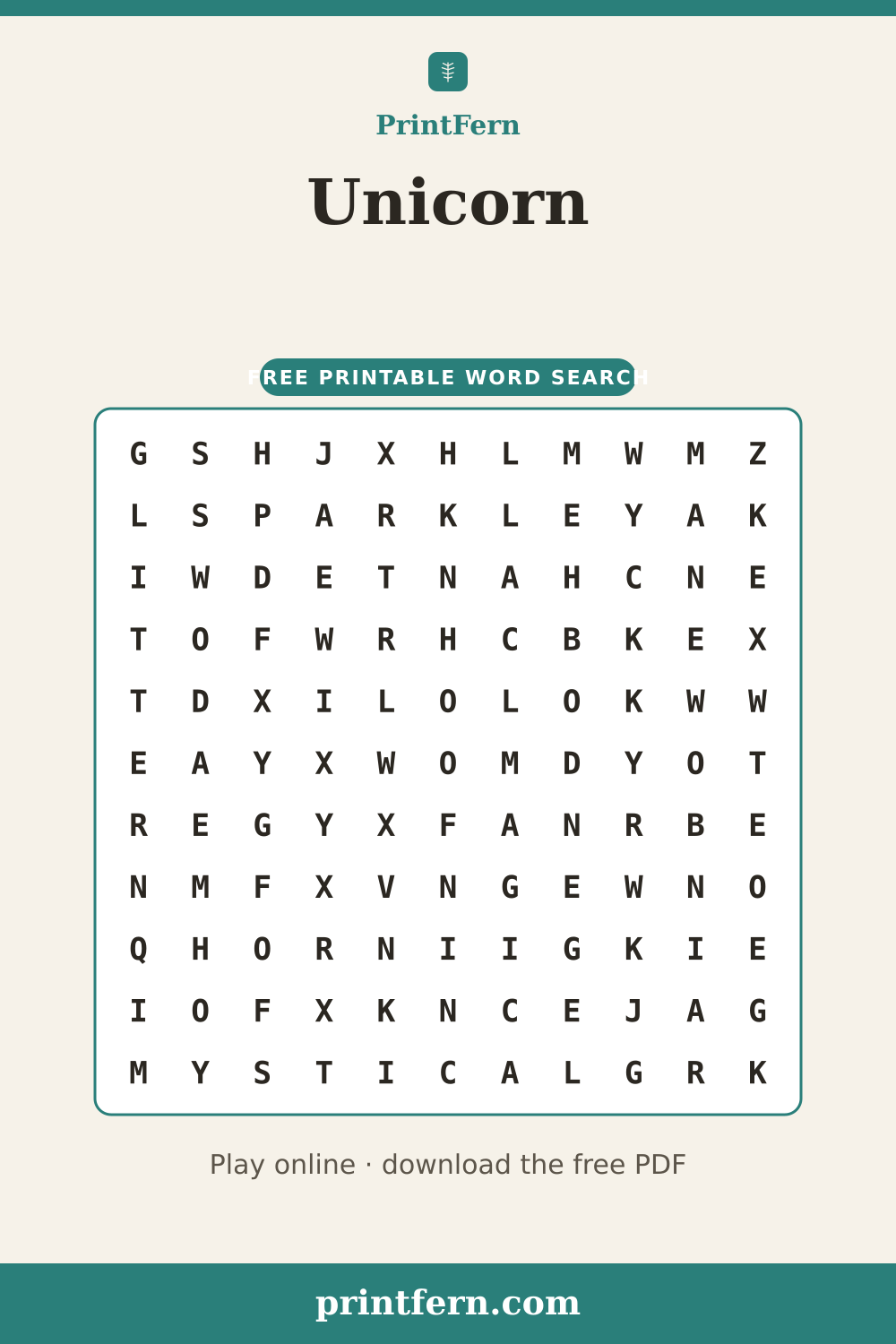Unicorn Word Search, free printable PDF preview
