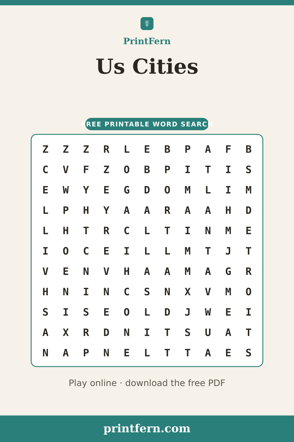 Us Cities Word Search, free printable PDF preview