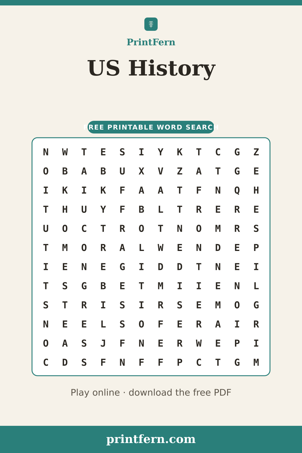 US History Word Search, free printable PDF preview