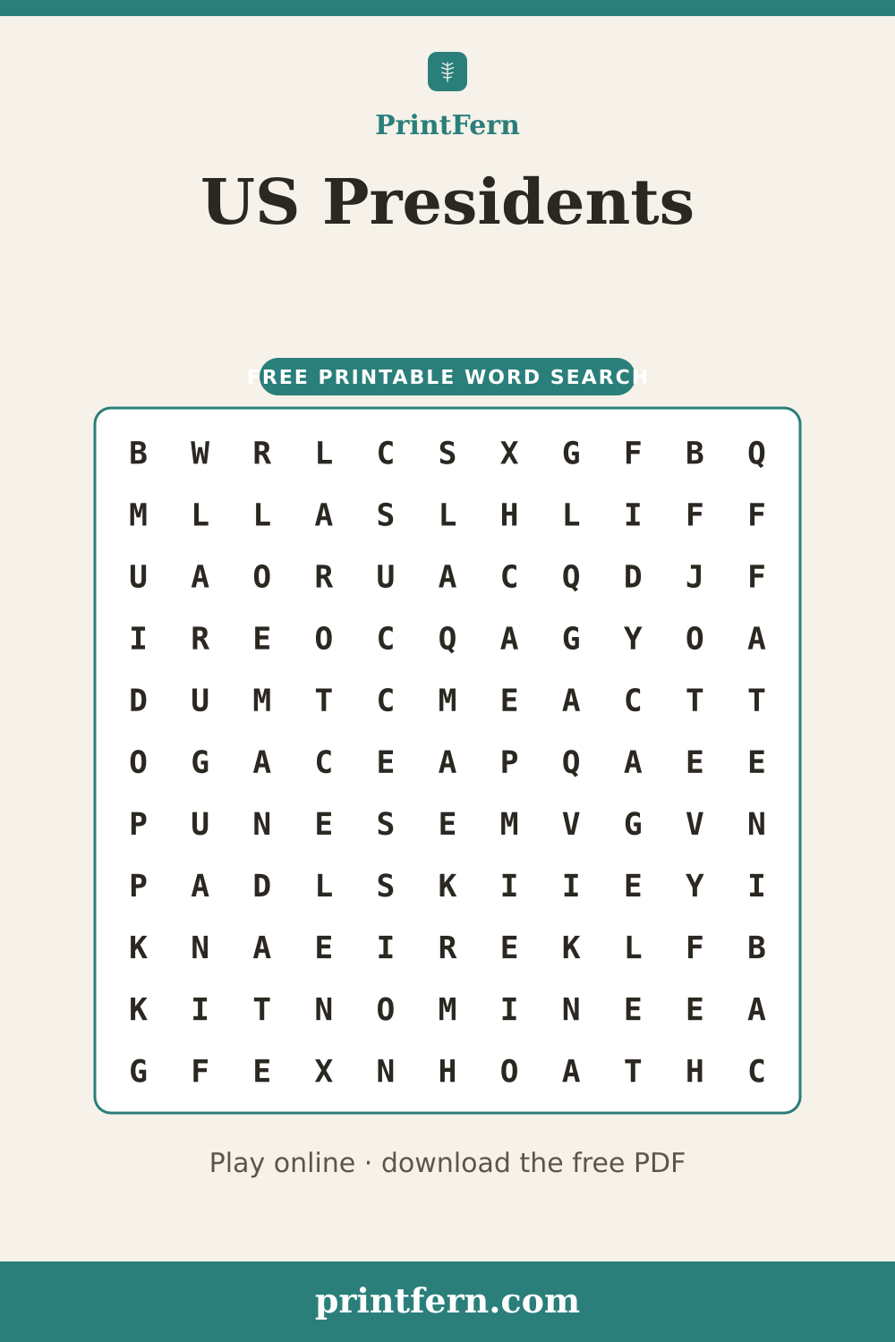 US Presidents Word Search, free printable PDF preview