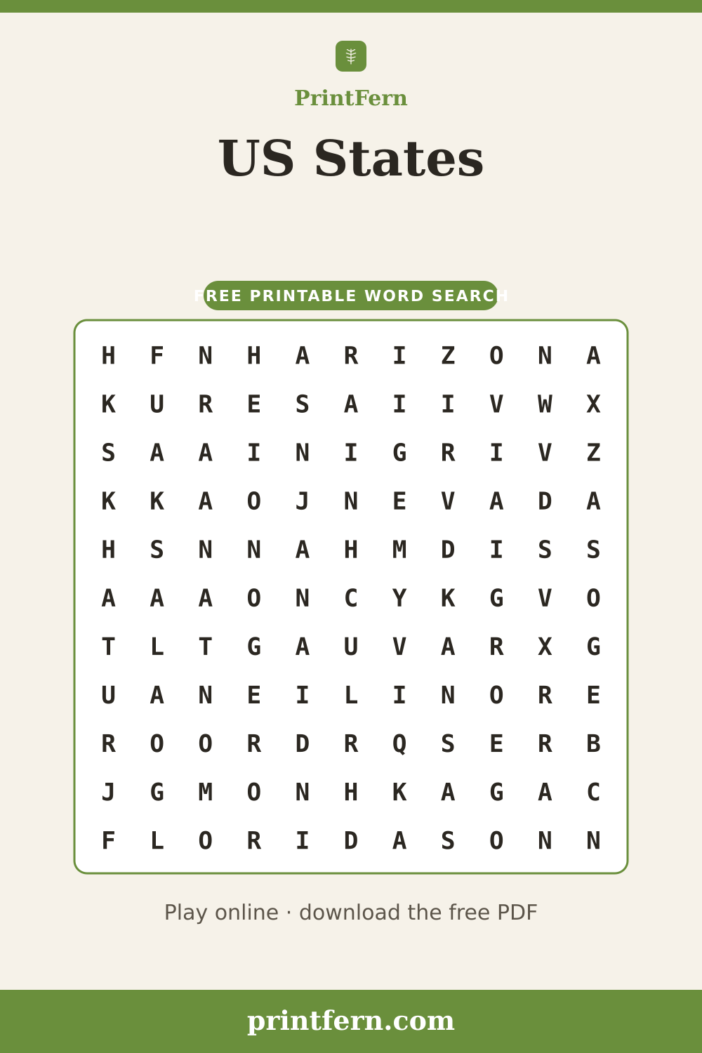 US States Word Search, free printable PDF preview