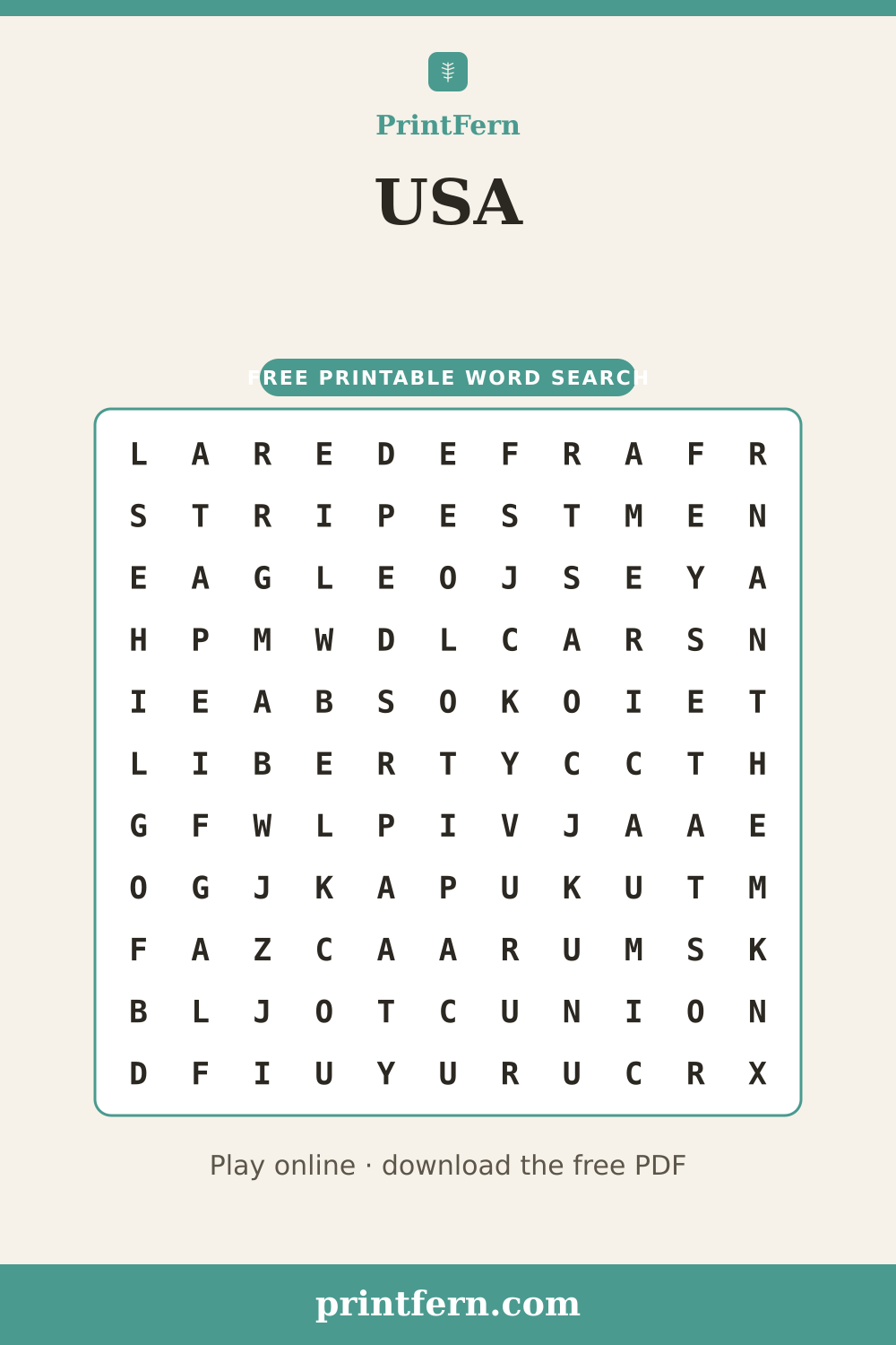 USA Word Search, free printable PDF preview