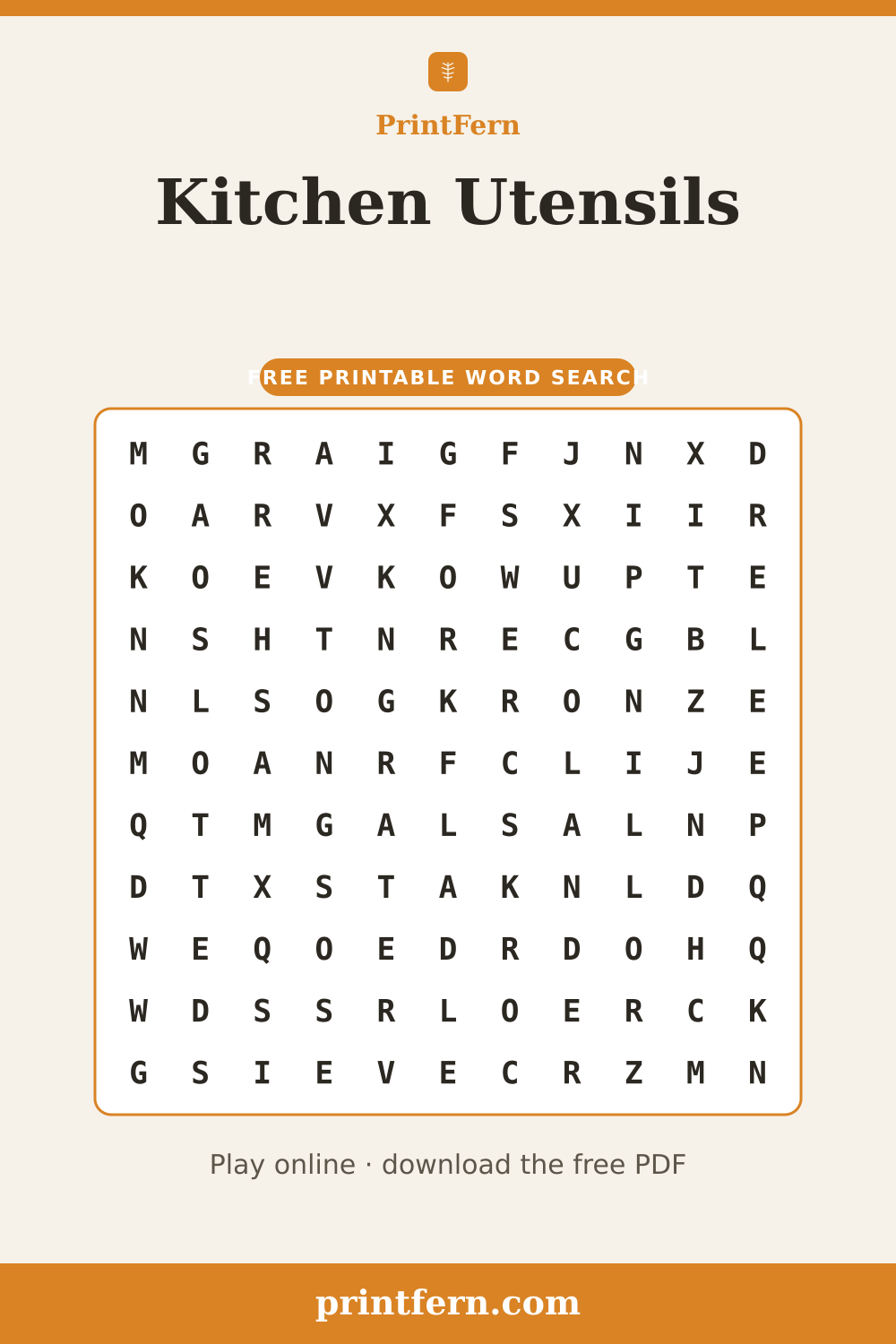 Kitchen Utensils Word Search, free printable PDF preview