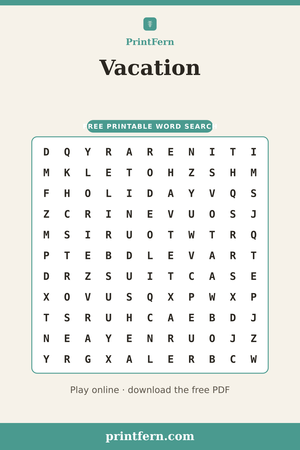 Vacation Word Search, free printable PDF preview