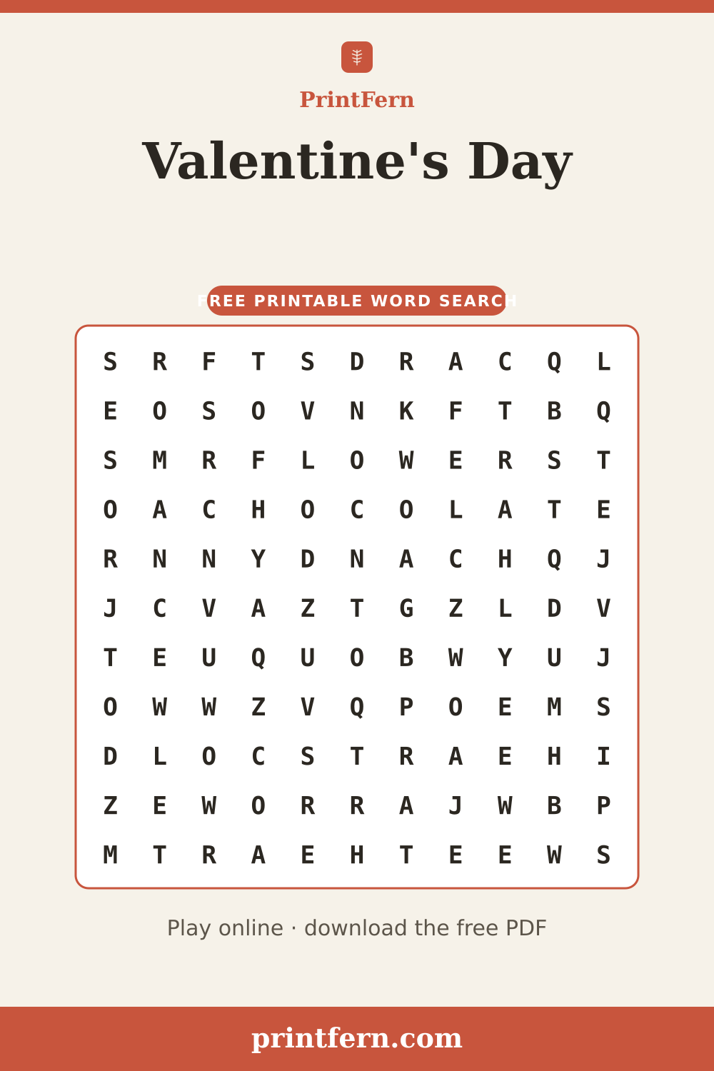 Valentine's Day Word Search, free printable PDF preview
