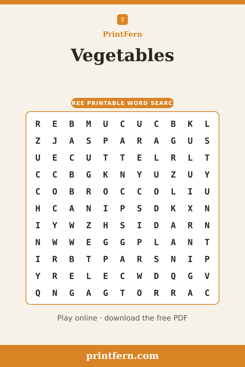Vegetables Word Search, free printable PDF preview