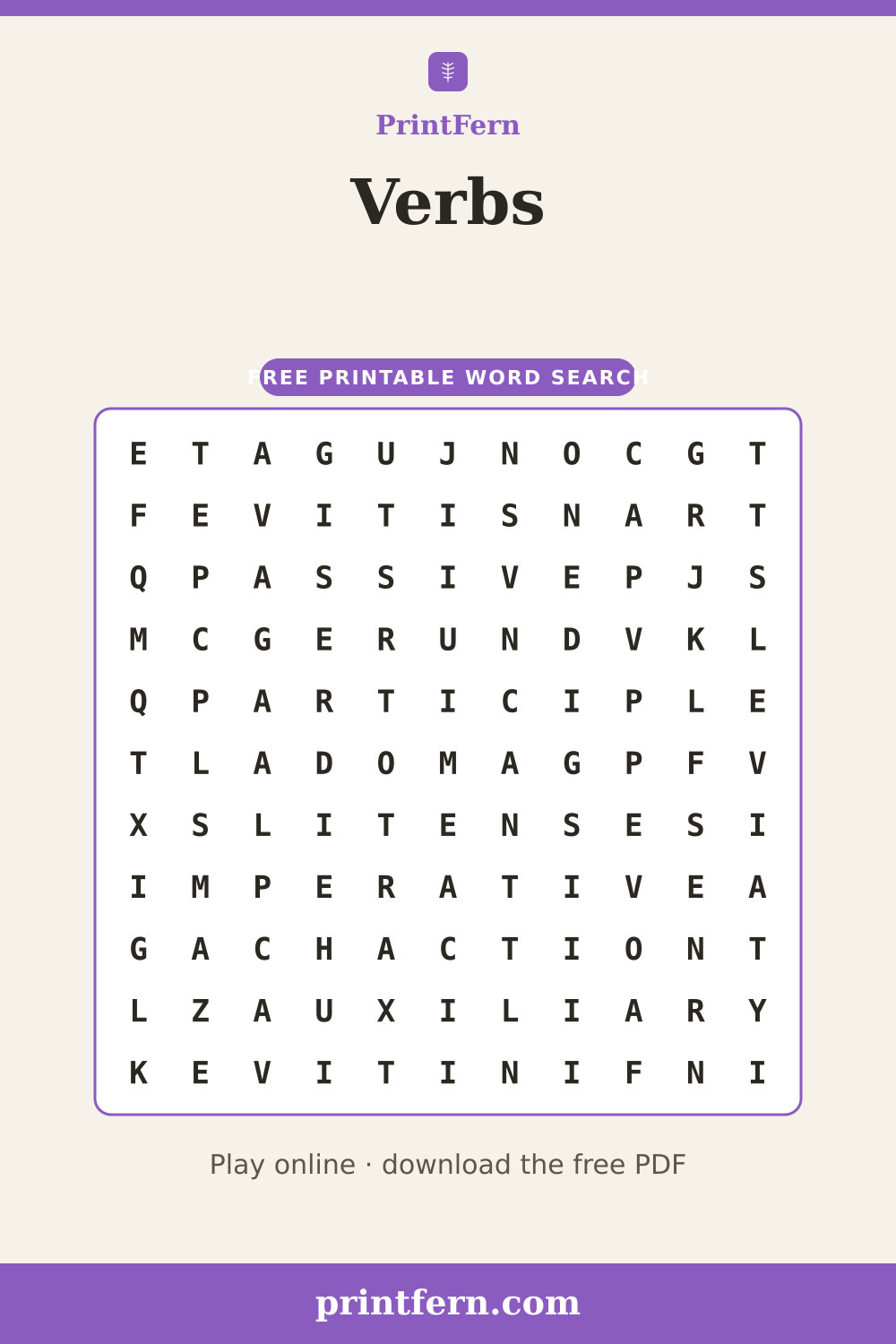 Verbs Word Search, free printable PDF preview