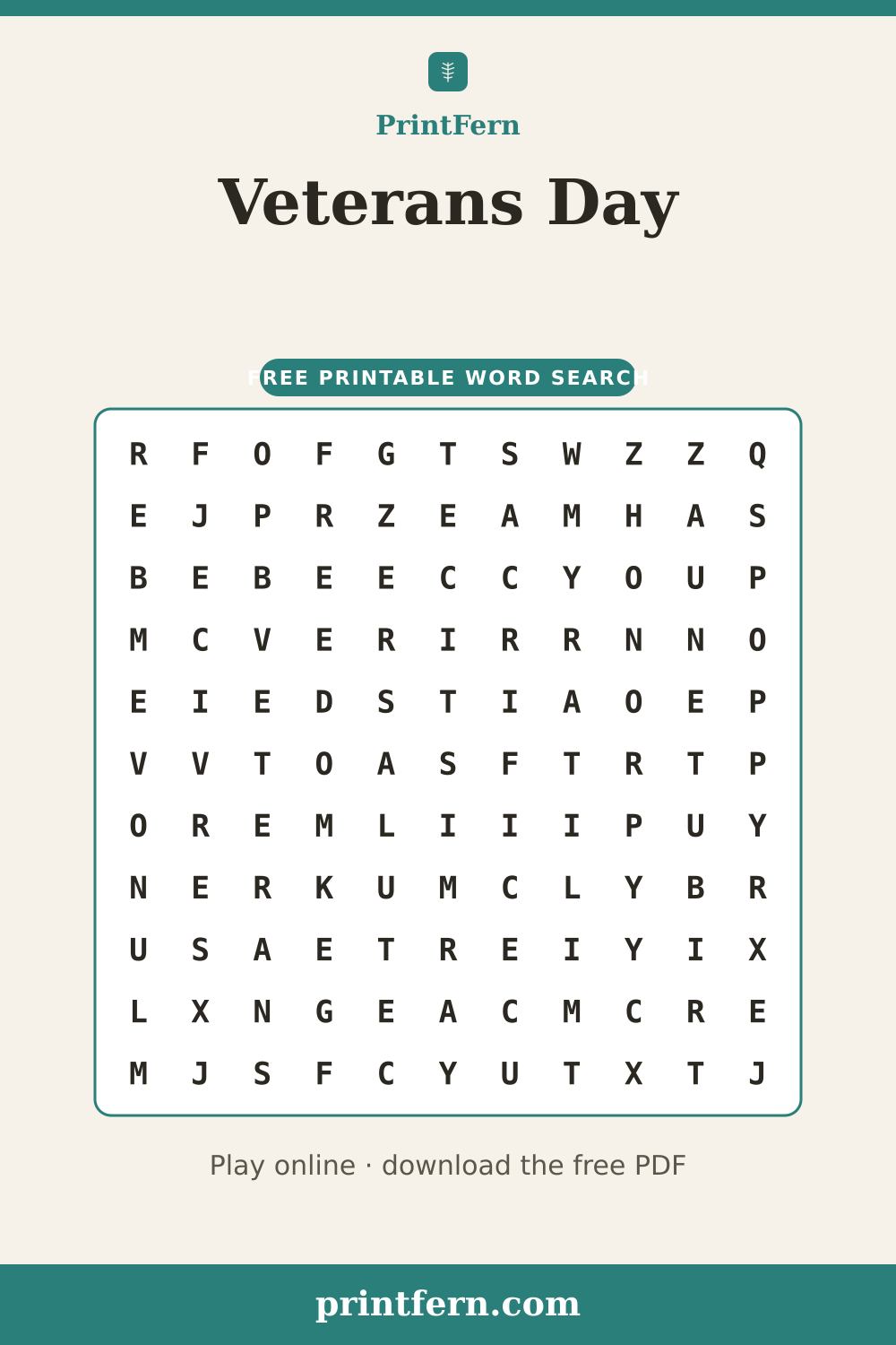 Veterans Day Word Search, free printable PDF preview
