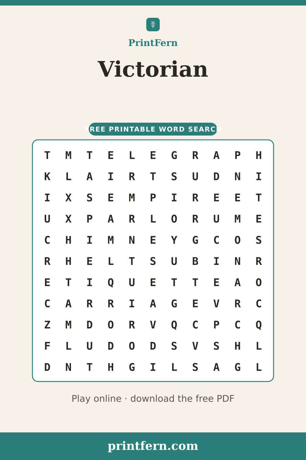 Victorian Word Search, free printable PDF preview