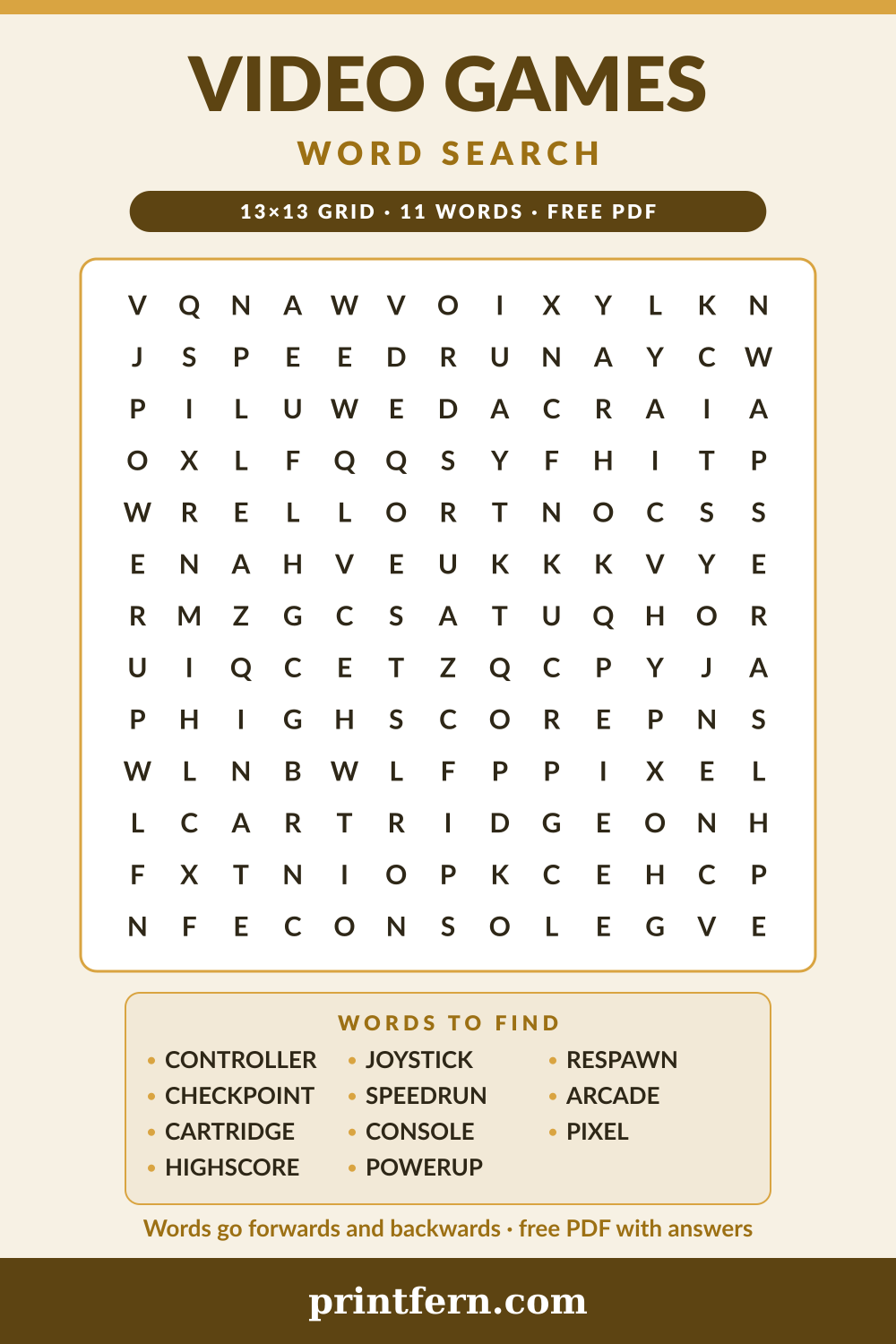 Video Games Word Search, free printable PDF preview