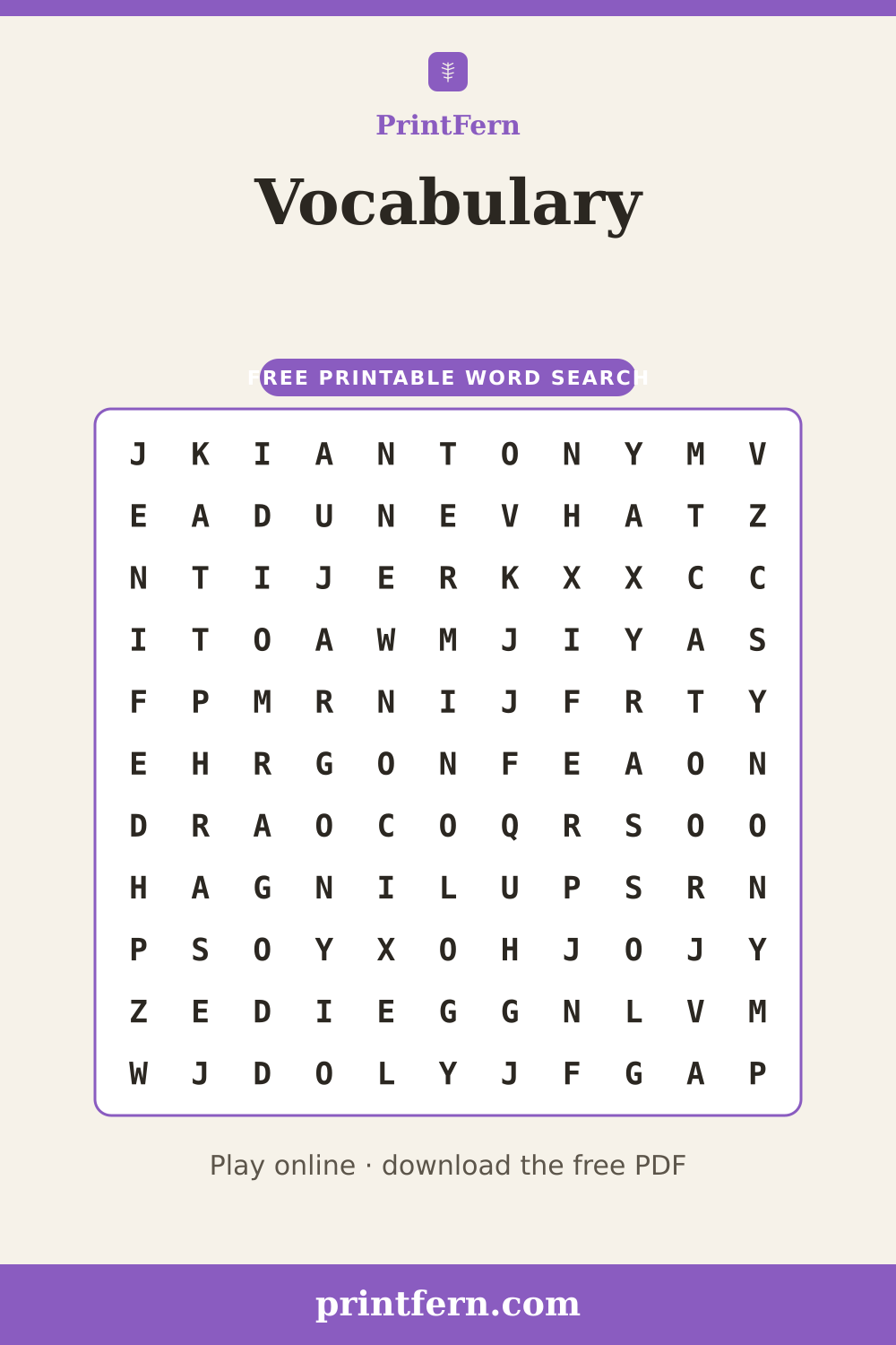 Vocabulary Word Search, free printable PDF preview