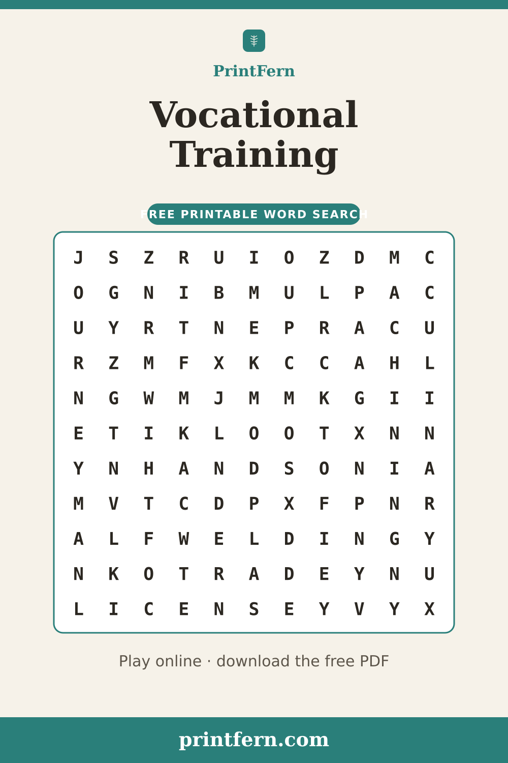 Vocational Training Word Search, free printable PDF preview