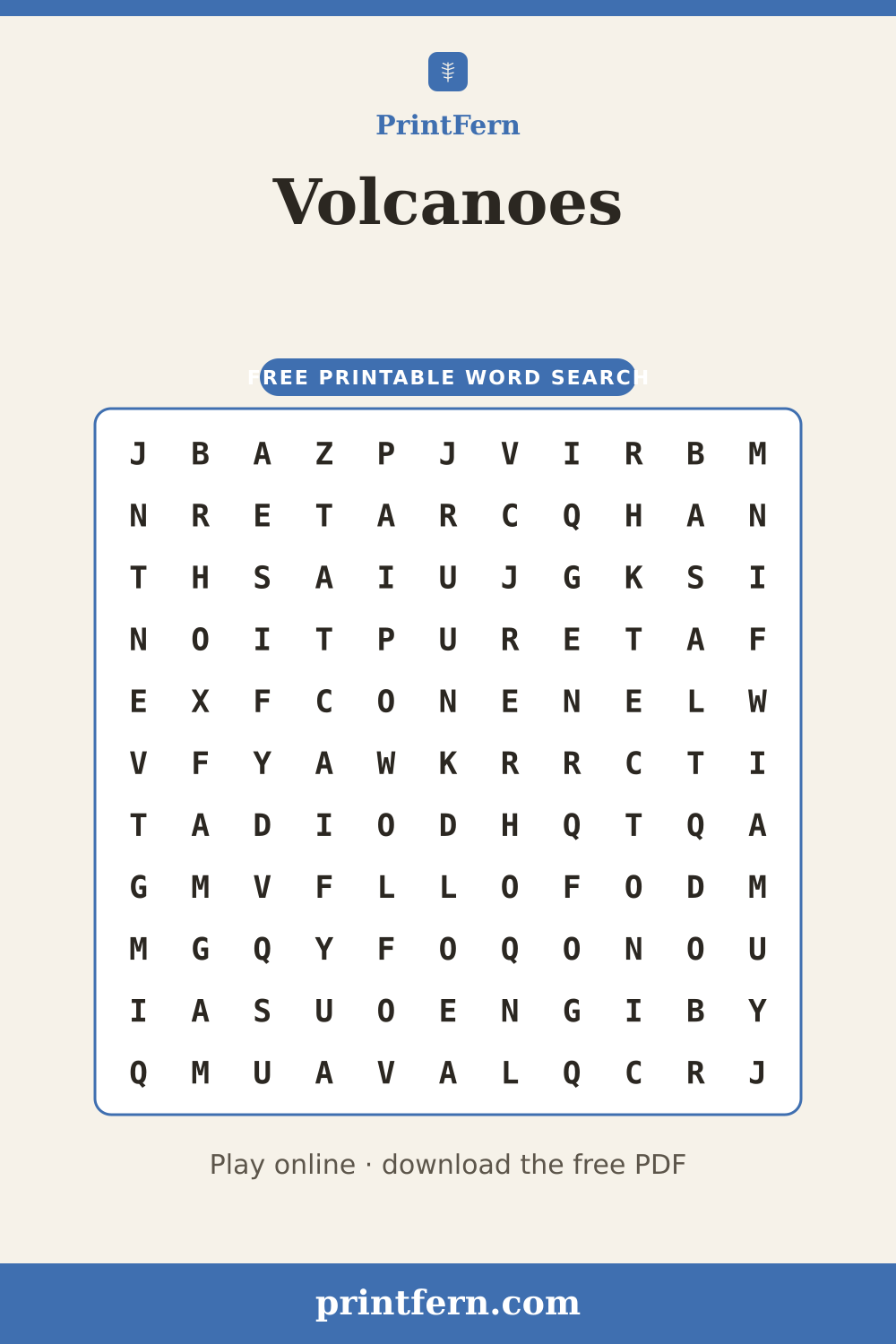 Volcanoes Word Search, free printable PDF preview
