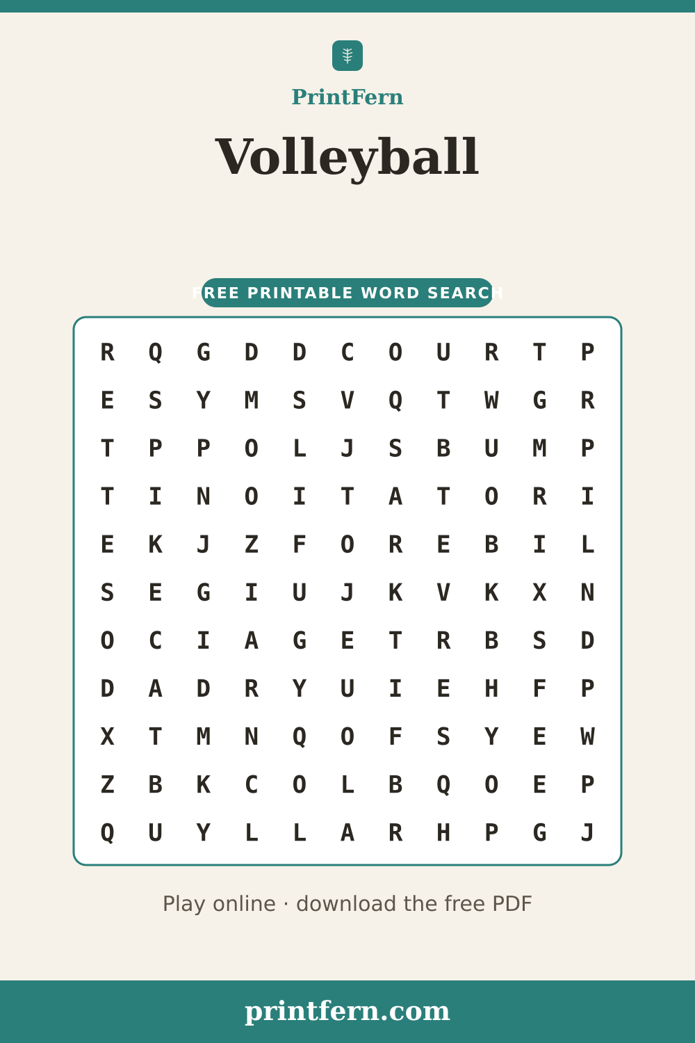 Volleyball Word Search, free printable PDF preview