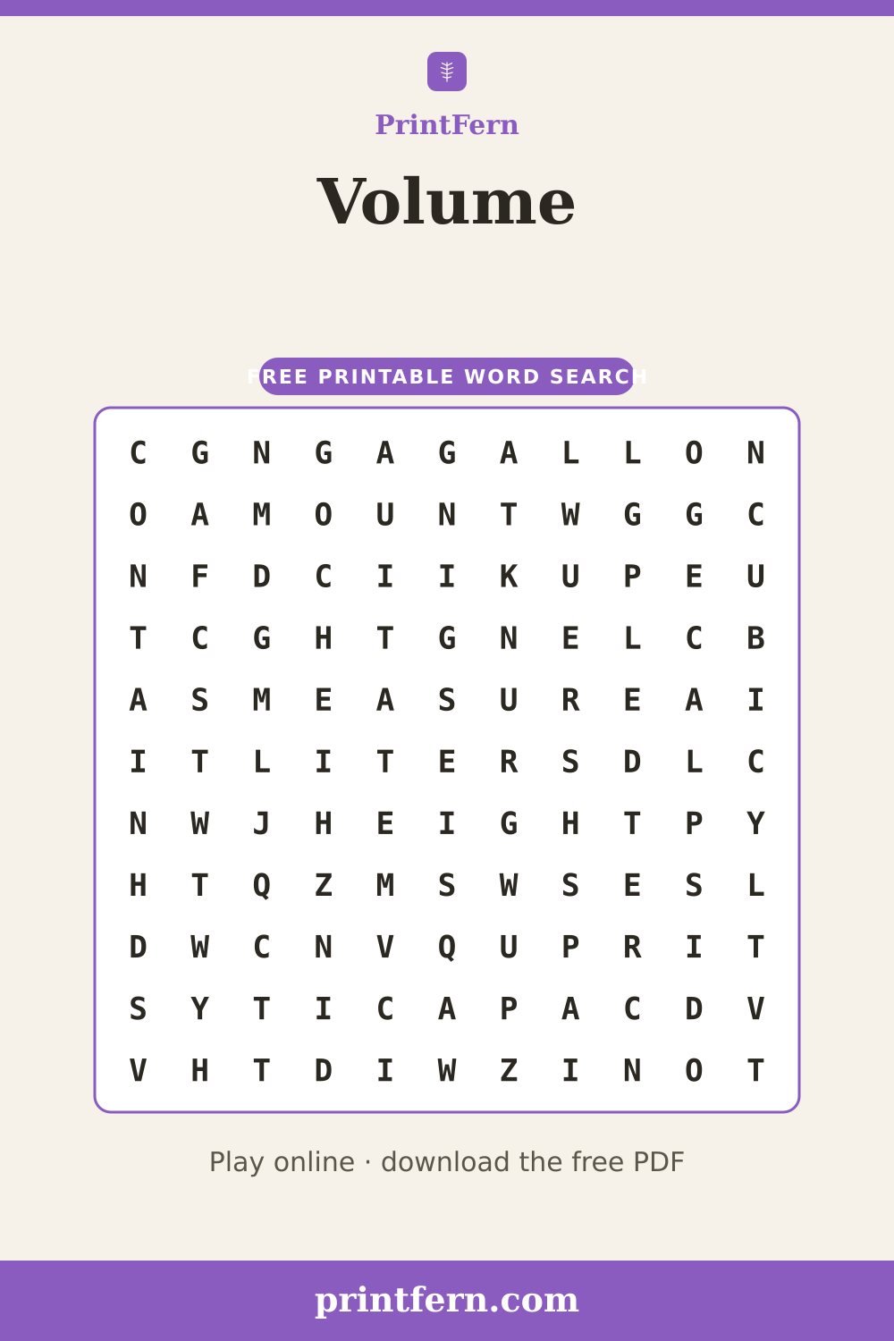 Volume Word Search, free printable PDF preview
