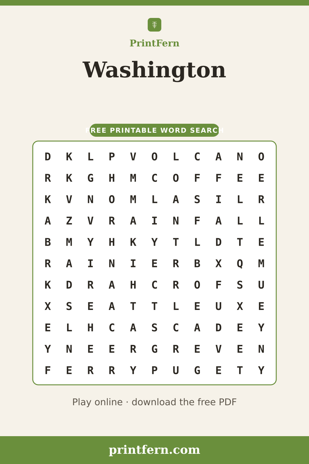 Washington Word Search, free printable PDF preview