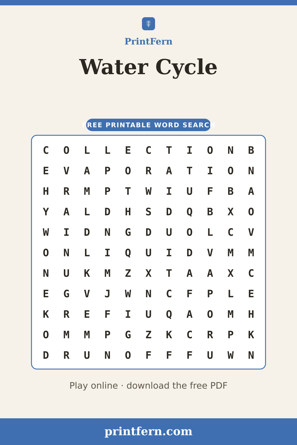 Water Cycle Word Search, free printable PDF preview