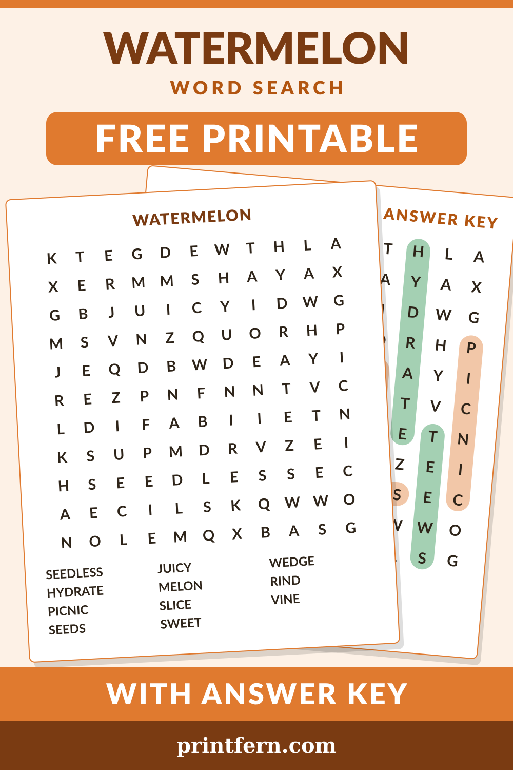 Watermelon Word Search, free printable PDF preview