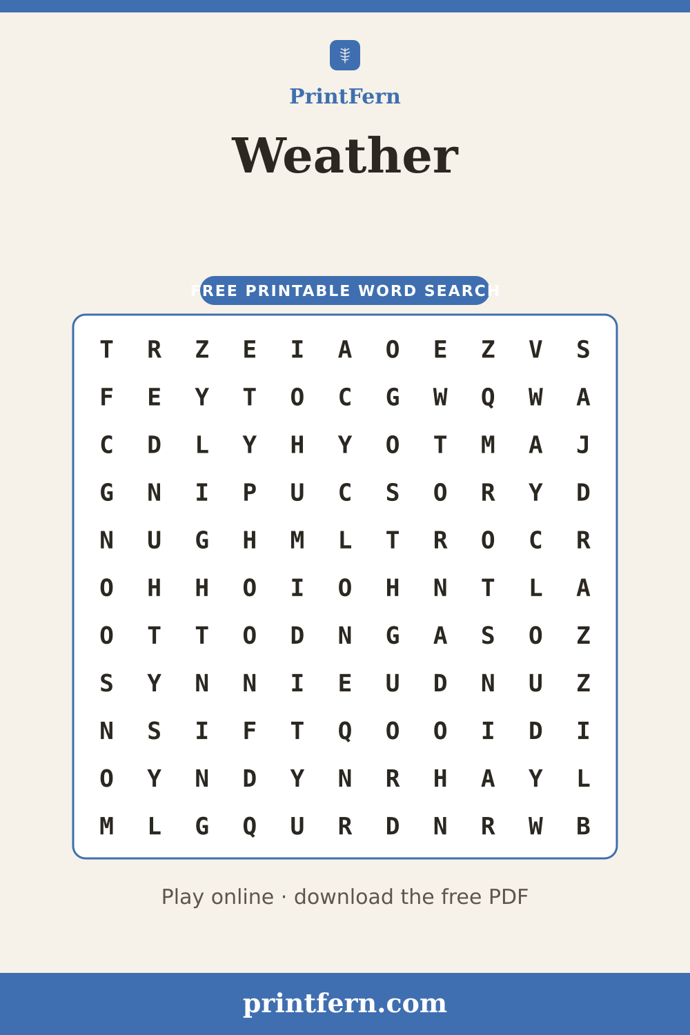 Weather Word Search, free printable PDF preview