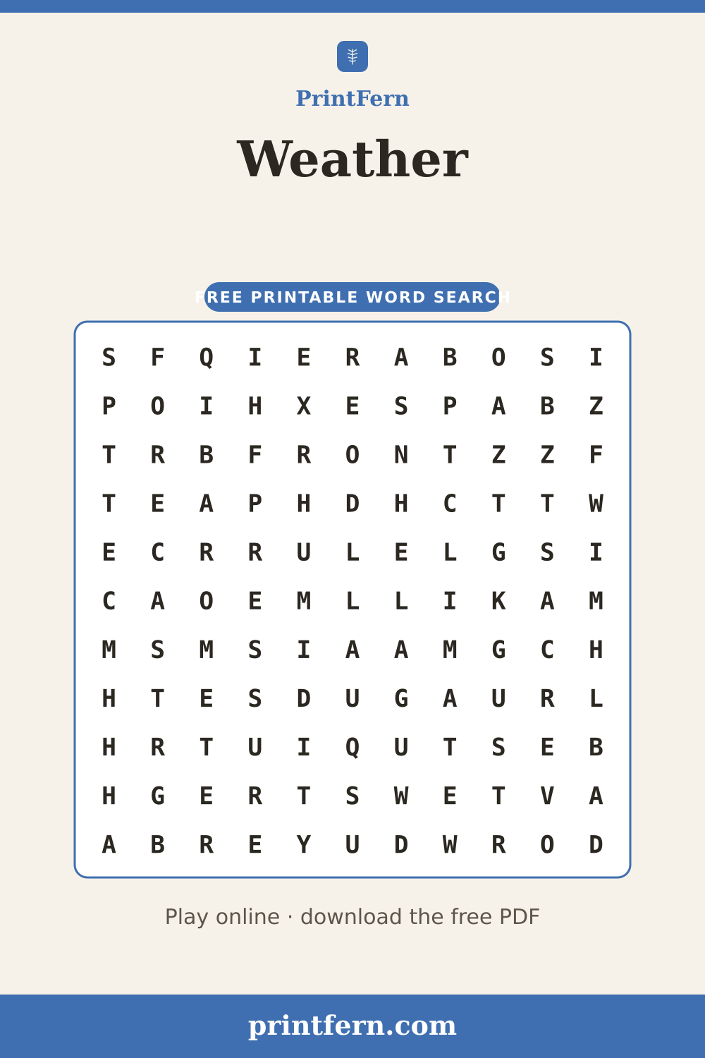 Weather Word Search, free printable PDF preview