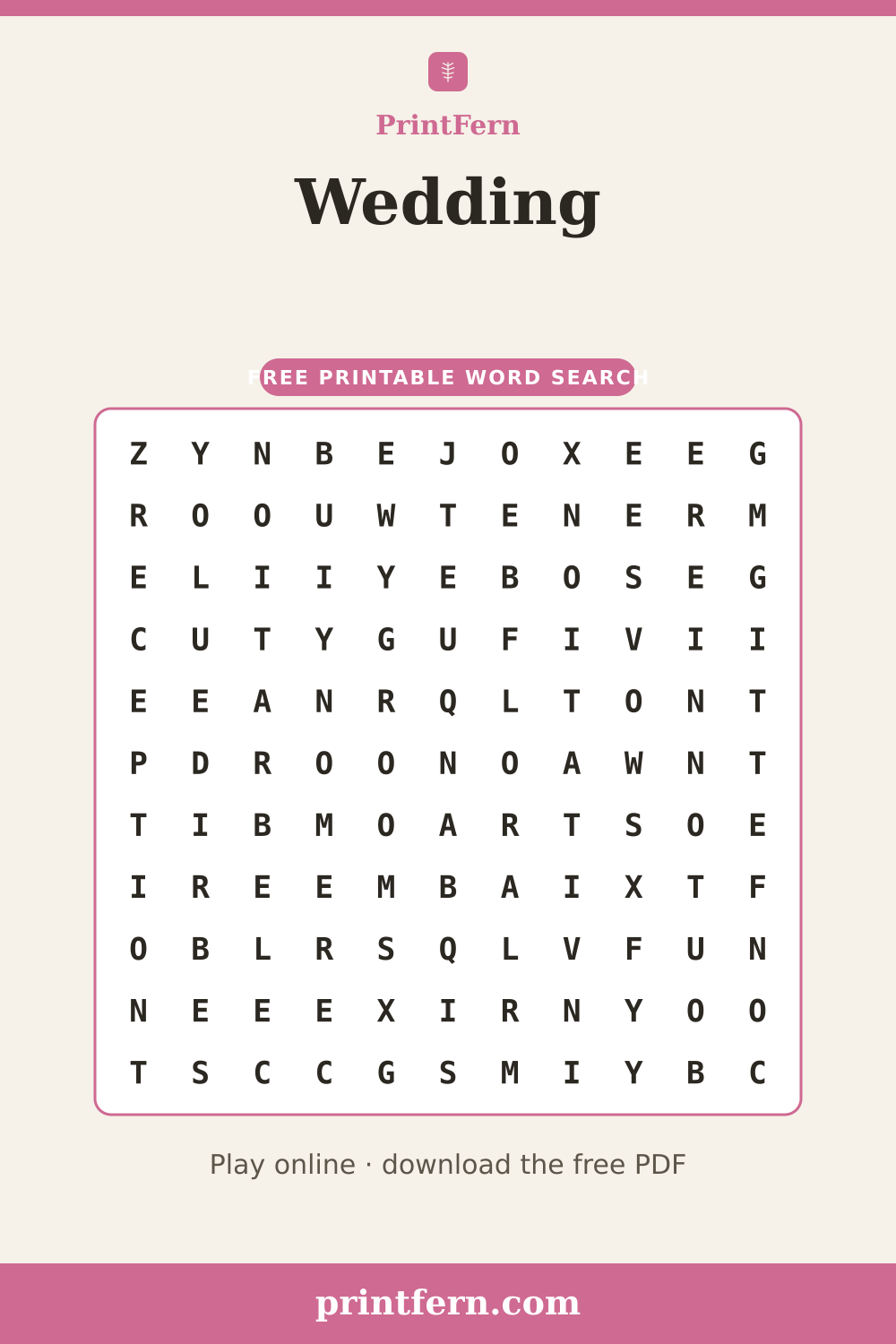 Wedding Word Search, free printable PDF preview