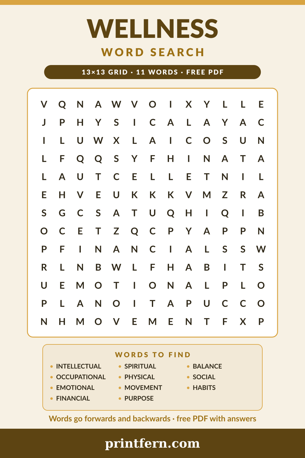 Wellness Word Search, free printable PDF preview