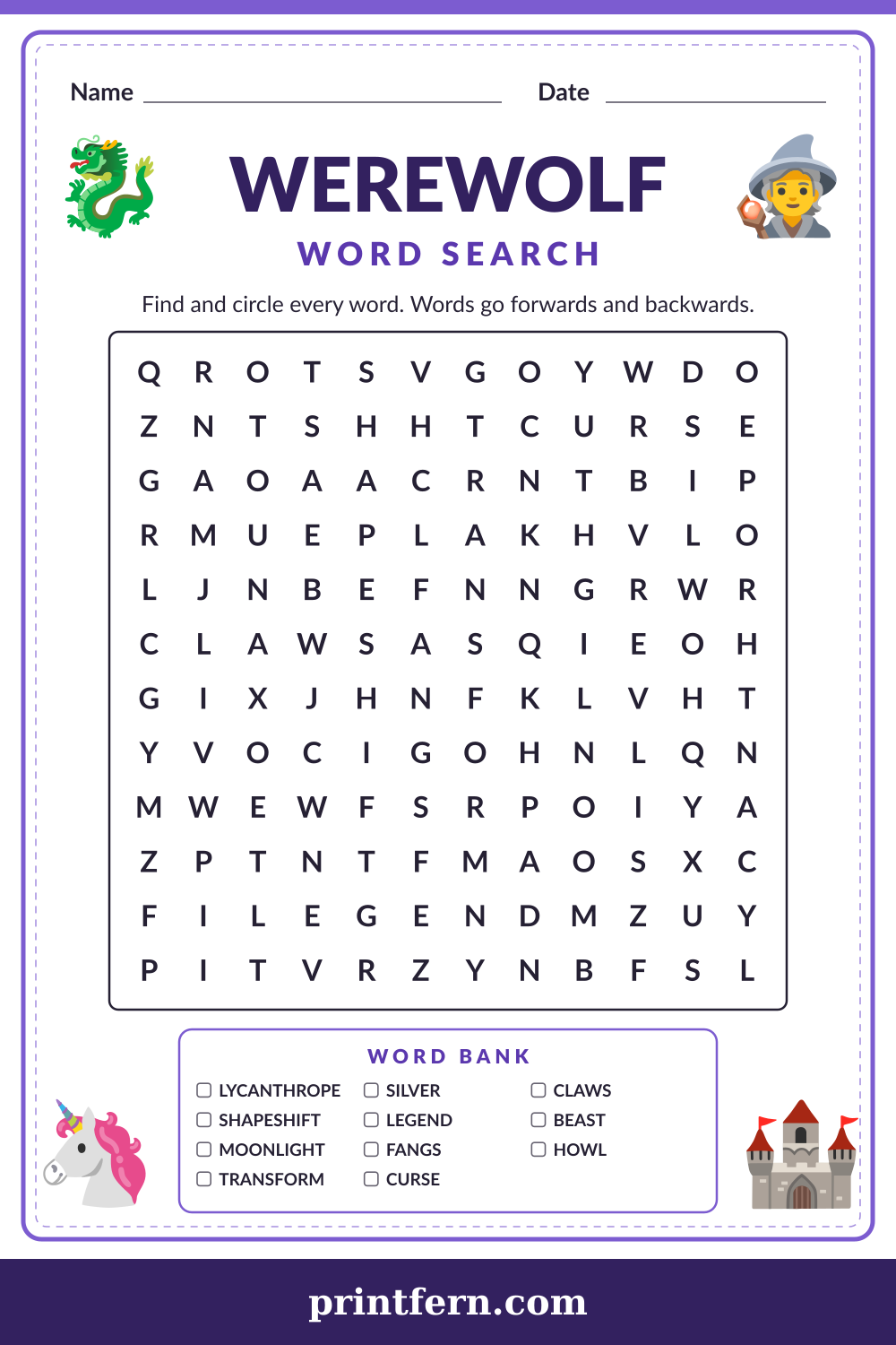 Werewolf Word Search, free printable PDF preview