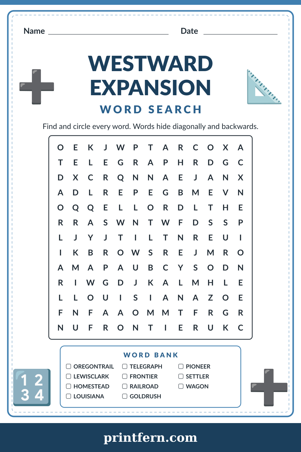 Westward Expansion Word Search, free printable PDF preview