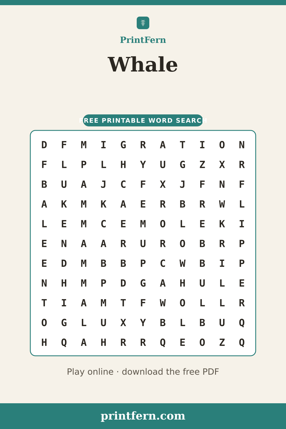 Whale Word Search, free printable PDF preview