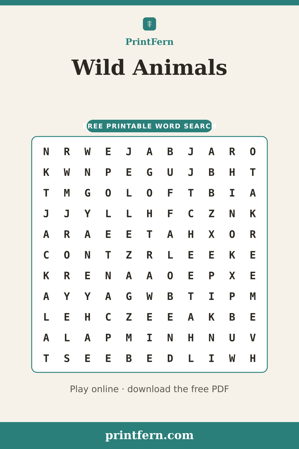 Wild Animals Word Search, free printable PDF preview