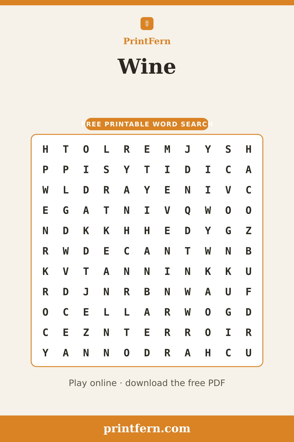 Wine Word Search, free printable PDF preview