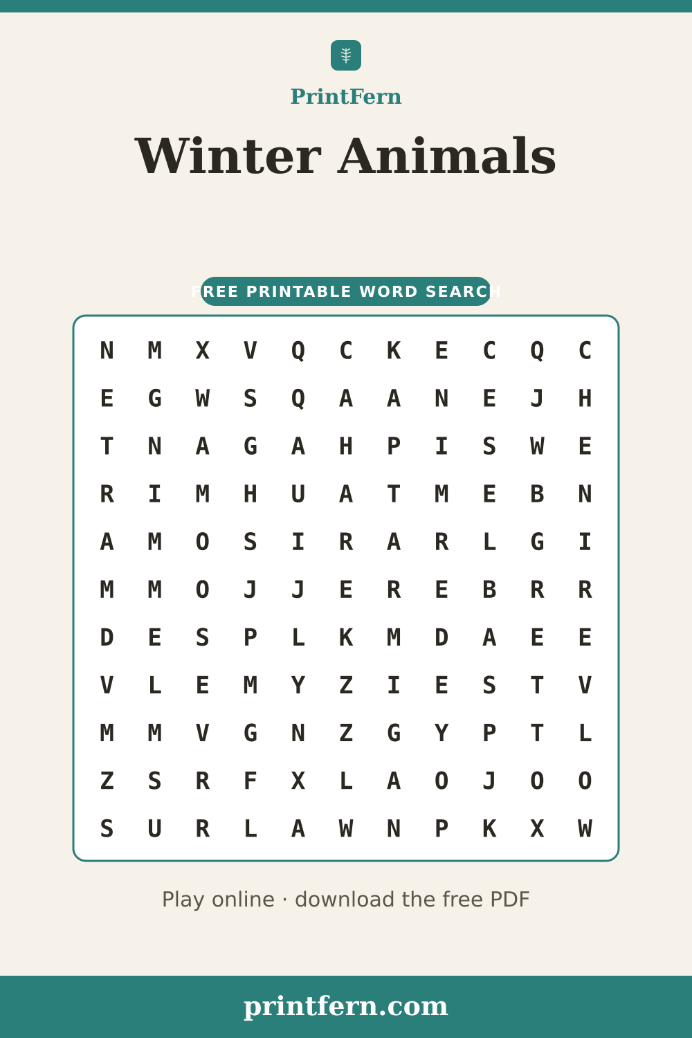 Winter Animals Word Search, free printable PDF preview