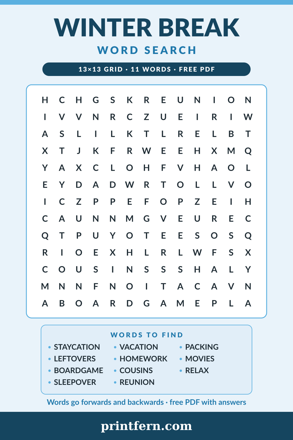 Winter Break Word Search, free printable PDF preview