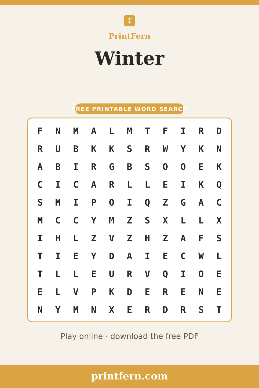 Winter Word Search, free printable PDF preview