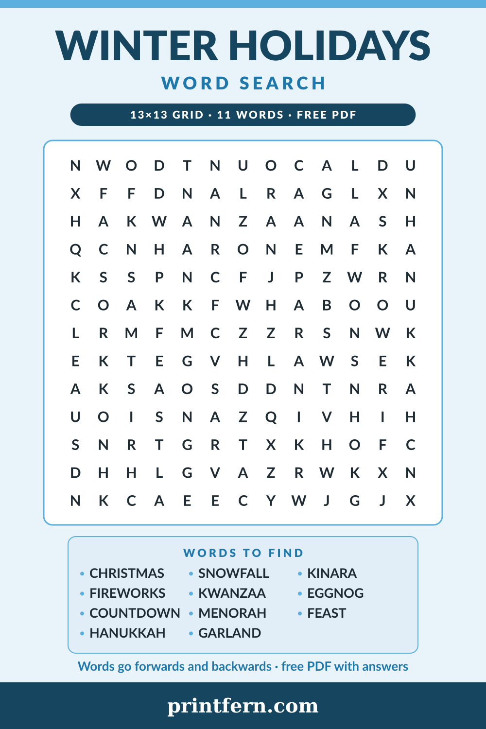 Winter Holidays Word Search, free printable PDF preview