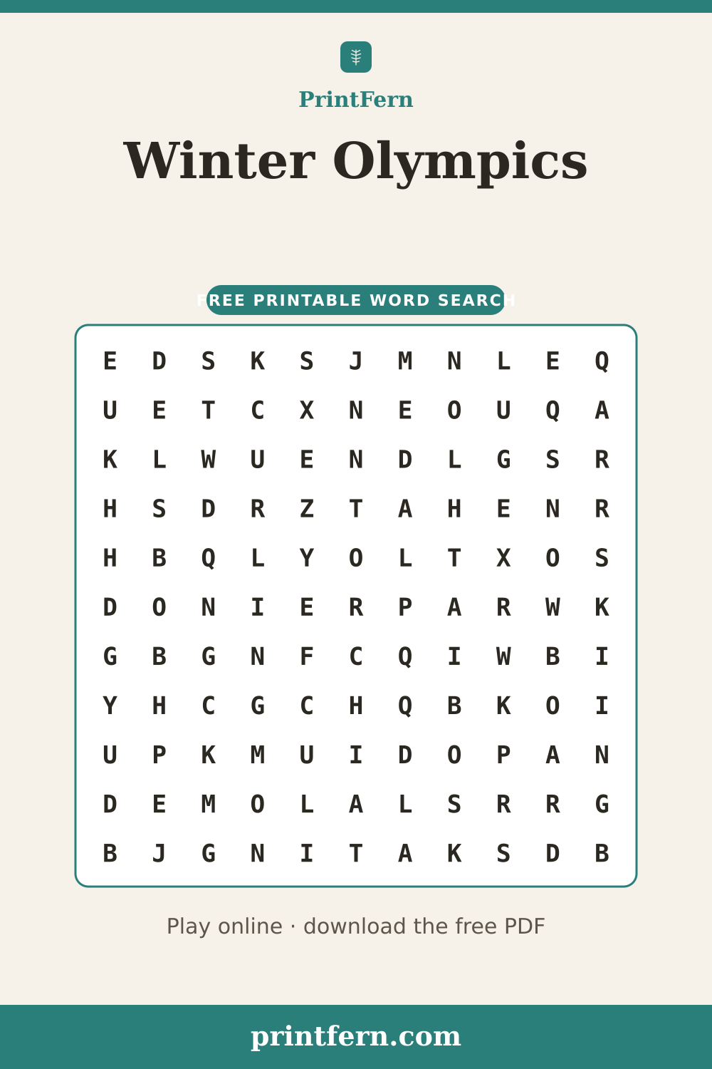 Winter Olympics Word Search, free printable PDF preview