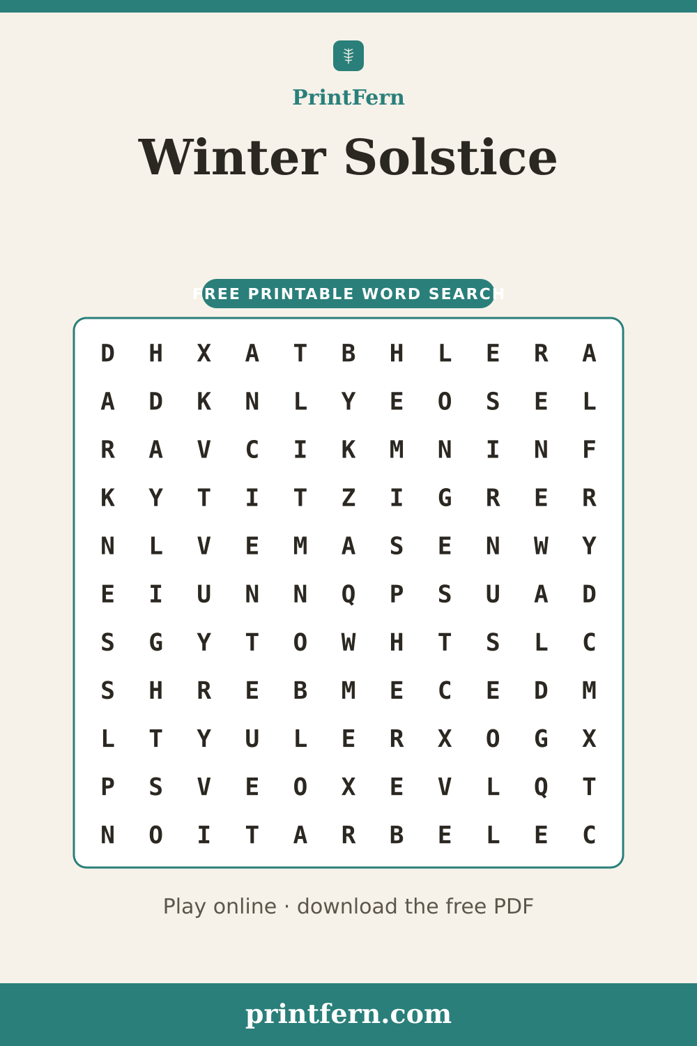 Winter Solstice Word Search, free printable PDF preview