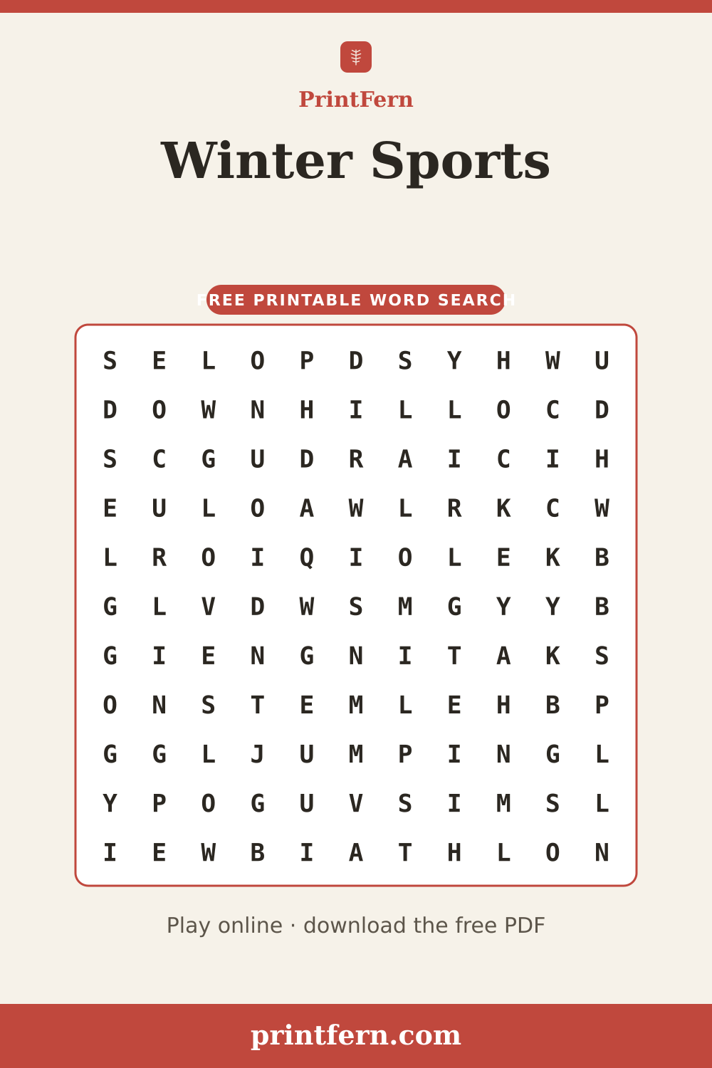 Winter Sports Word Search, free printable PDF preview