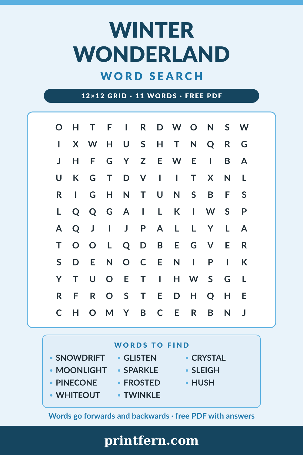 Winter Wonderland Word Search, free printable PDF preview