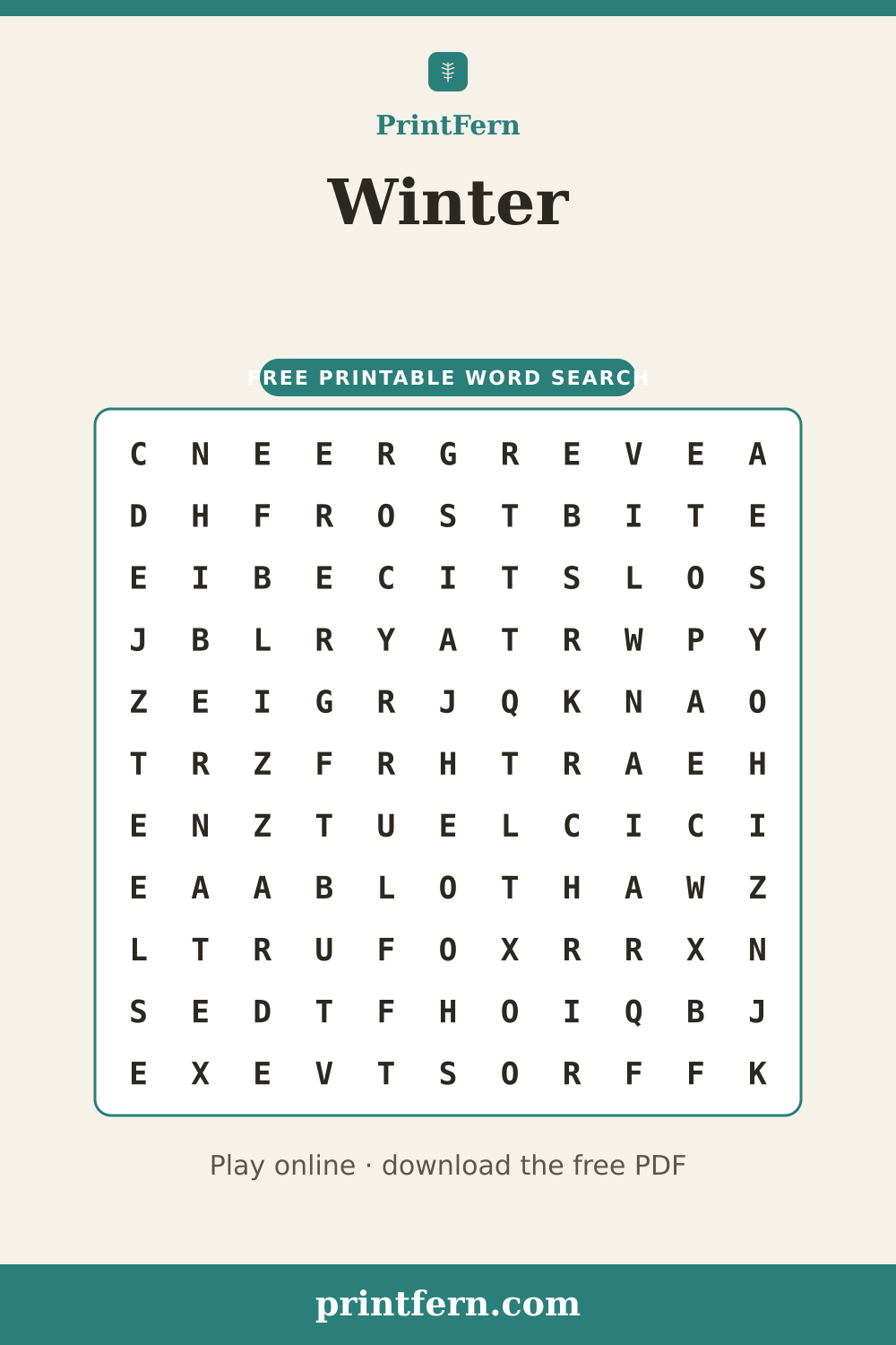 Winter Word Search, free printable PDF preview