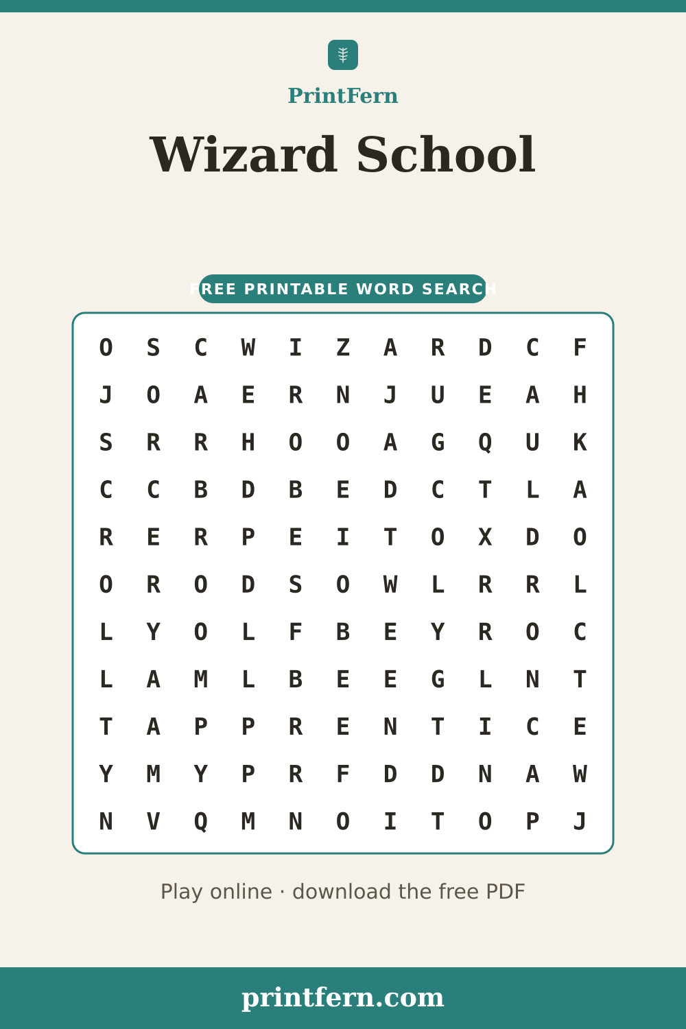 Wizard School Word Search, free printable PDF preview
