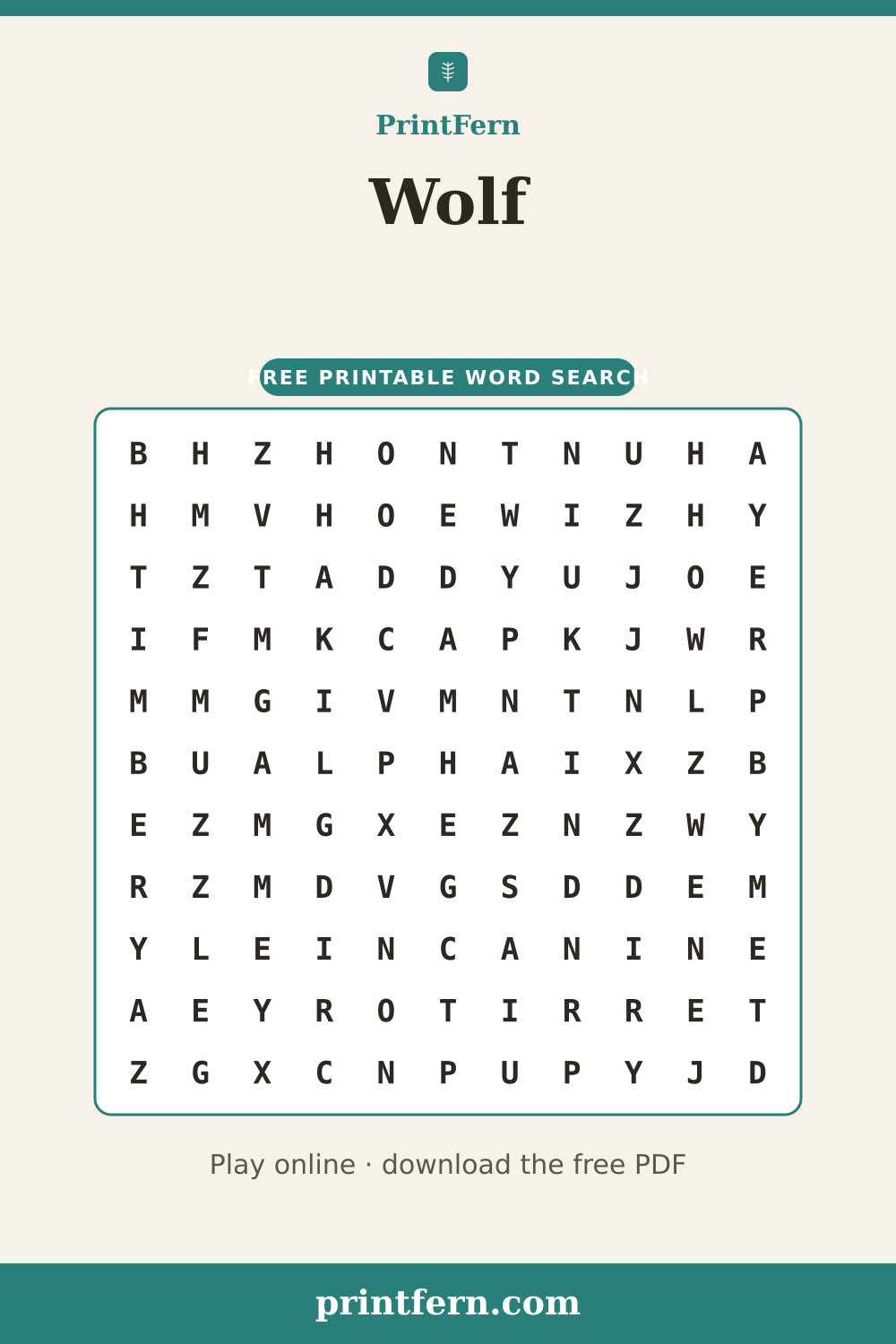 Wolf Word Search, free printable PDF preview