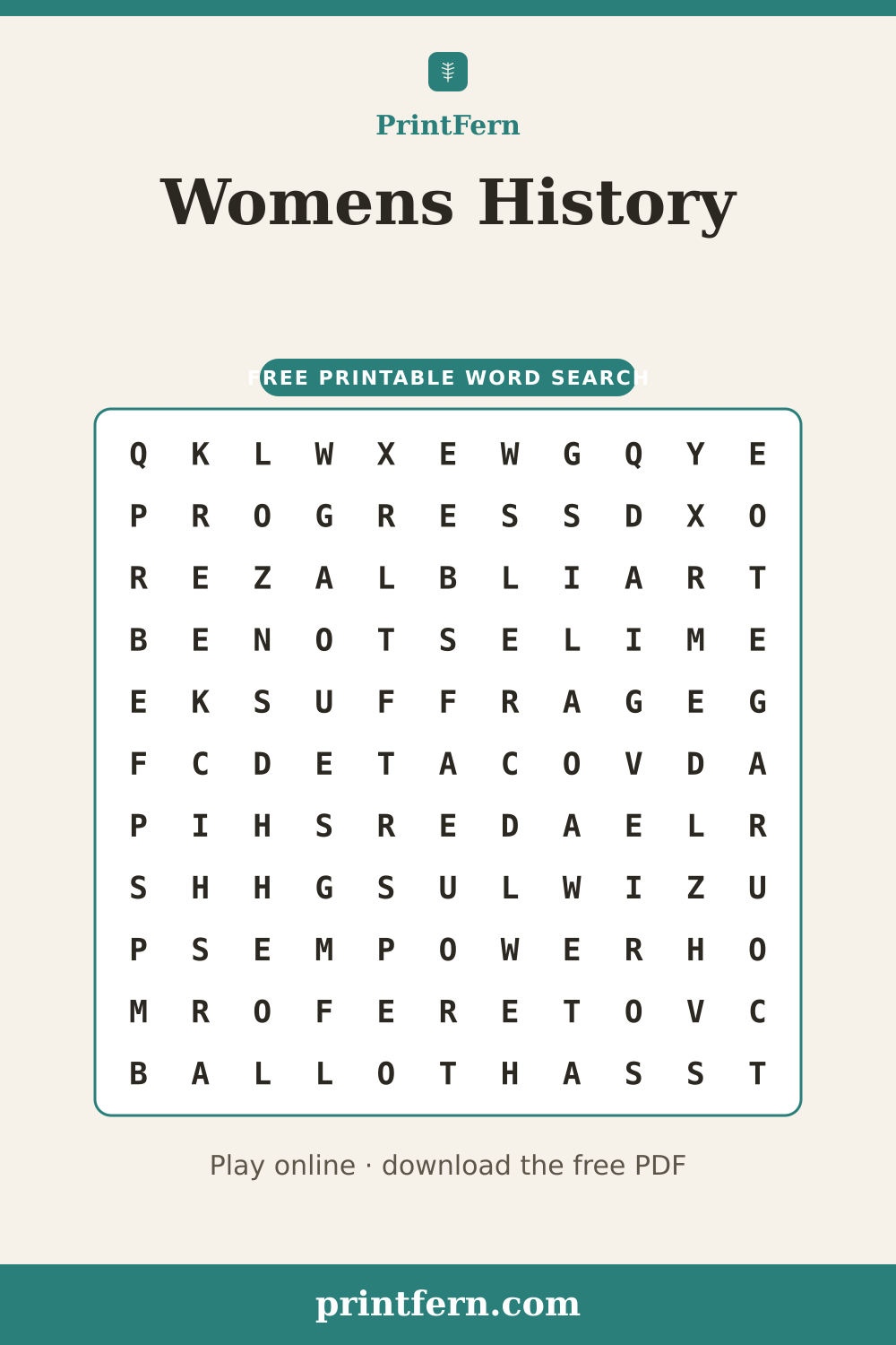 Womens History Word Search, free printable PDF preview