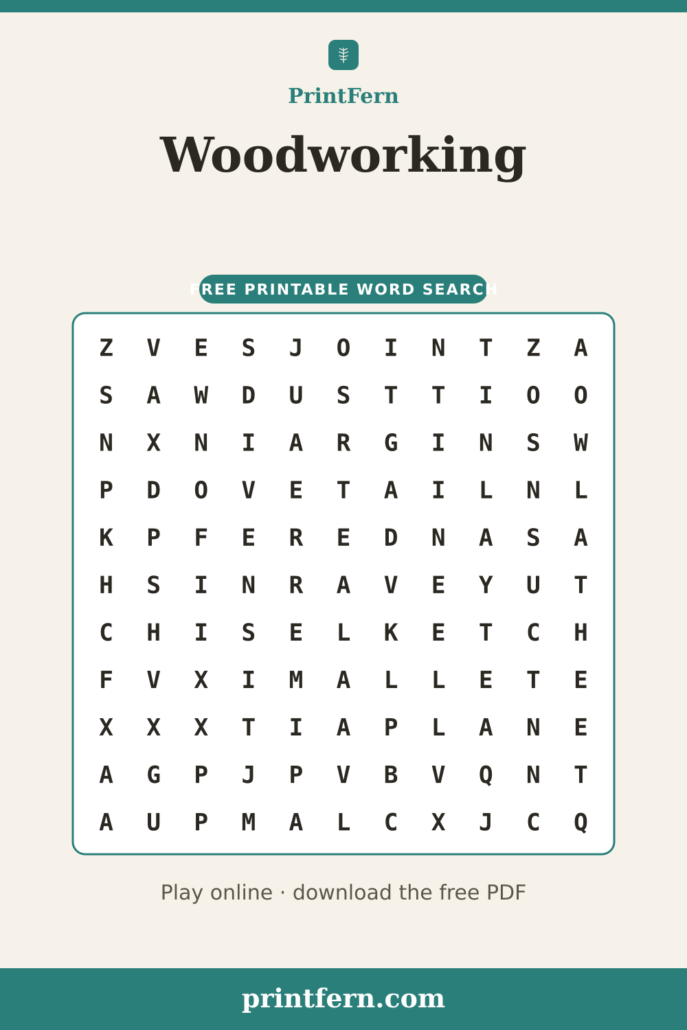 Woodworking Word Search, free printable PDF preview